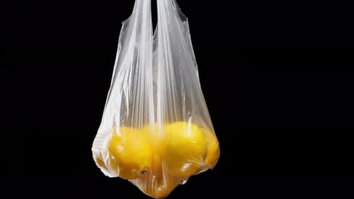 Los limones amarillos maduros se encuentran en una bolsa de plástico transparente