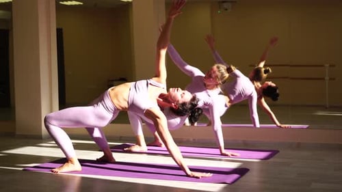 Two Women Practicing Yoga Poses in Studio