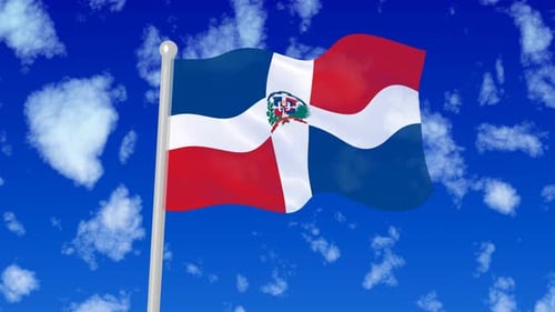 Dominican Republic Flag Waving in Blue Sky with Clouds