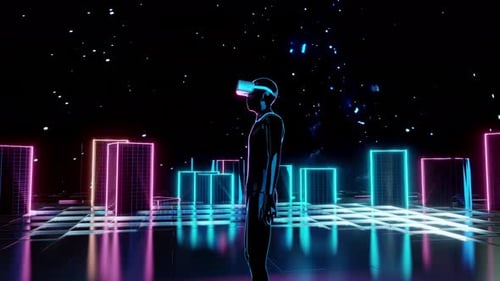 Neon Futuristic VR User Exploring Digital City