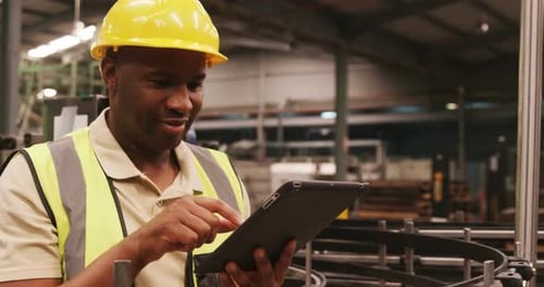 Worker using digital tablet in bottle factory