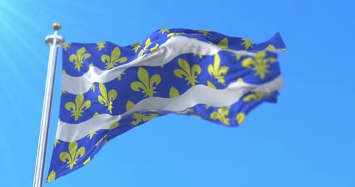 Realistic Flag with Fleur-de-lis Waving on Blue Sky