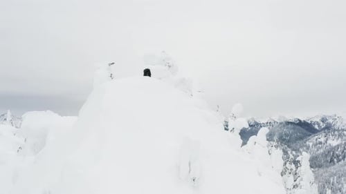 Mountain Climber Adventurer Taking Photo With Camera On Top Peak Of Big Mountain
