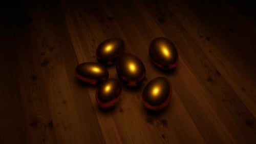 Golden Eggs with Glowing Light on Wooden Floor Background Loop