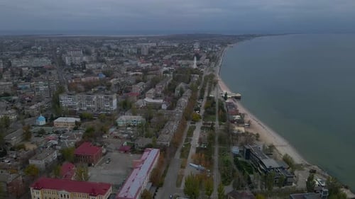Drone Flies Over Seaside with Sea Port in Small Bay on Sea of Azov