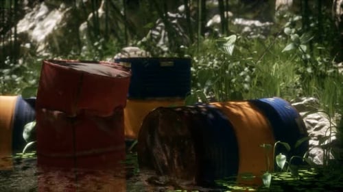 Rusty Barrels in Green Forest