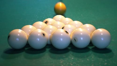Rack Removed on Green Billiards Table, Balls Scatter