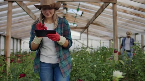 Woman Using Tablet in Rose Greenhouse