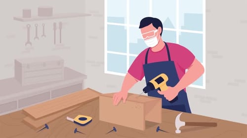 Geschickter männlicher Schreiner mit Bohrhammer, flache farbige animierte Illustration