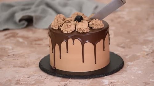 Delicious Chocolate Cake Getting Cut with Spatula