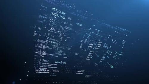 Voando através de um fluxo de dados de código binário em um espaço tecnológico caótico