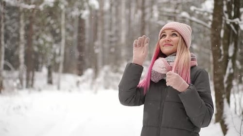 Outdoor Close Up Portrait of Young Beautiful Happy Smiling Girl Wearing White Knitted Beanie Hat