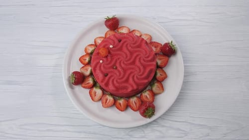 Strawberry Cake with Fresh Strawberries on Plate