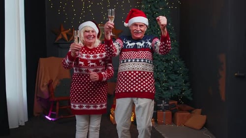 Elderly Couple Celebrating Christmas with Champagne