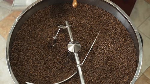 Roasted Coffee Beans Being Stirred in a Roaster