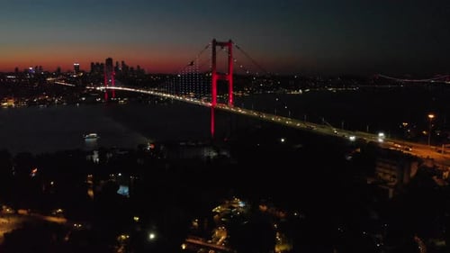 4k aerial view of Bosporus Bridge in Istanbul at night, 15 tammuz bridge