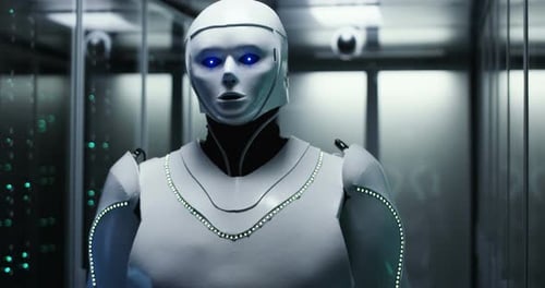 Futuristic Robot Standing in Server Room