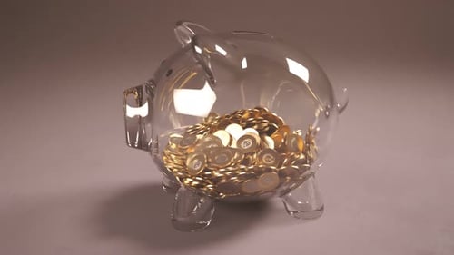 Cute glass piggy bank with huge amounts of coins. Money fast grows inside.
