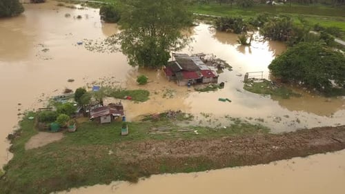 Flooded Houses After Heavy Rainfall Disaster Aerial View