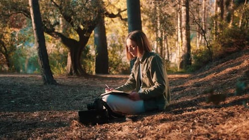 Girl Sitting Writing on a Notebook at Sunset, General View, Handheld