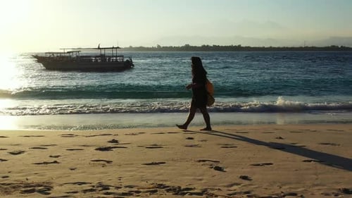 Tourist sunbathes on idyllic resort beach voyage by transparent ocean and white sandy background of