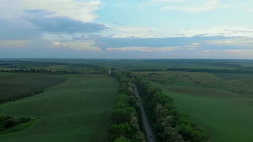 Aerial View of Road among Beautiful Green Fields