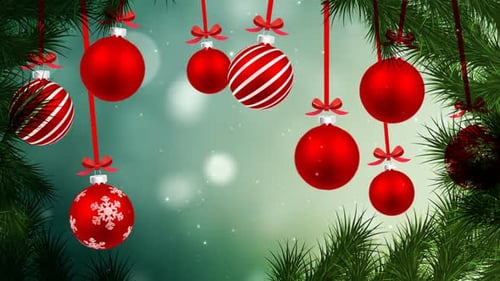 Festive Christmas Ornaments With Pine Branches Looping Background