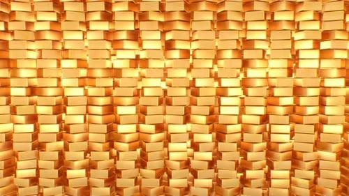 Abstrakte, glänzende goldene Würfel, metallische Spiegelung, bewegliche Wand,