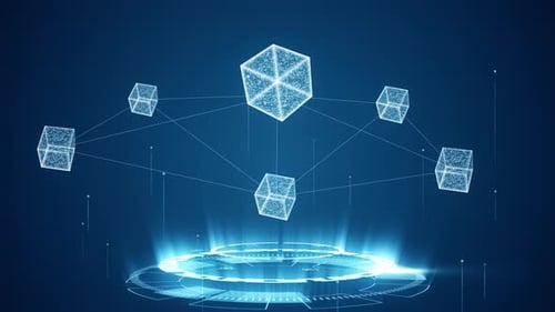 Blauer digitaler Verbindungswürfel mit futuristischer Kreisdrehung und Würfelikonen-Metaverse-Konzept