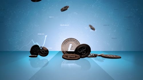 Cryptocurrency Coins Falling on Reflective Surface with Financial Chart