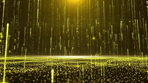 Sparkling Golden Particles Rain on Wavy Digital Floor Background