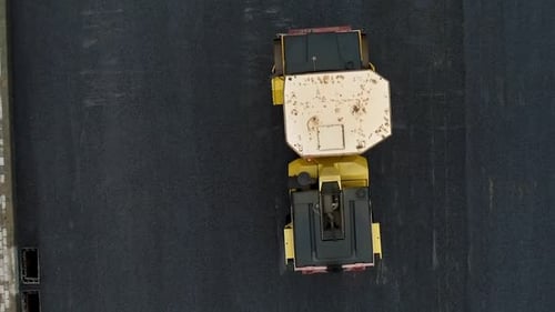 Road Roller Flattening New Asphalt, Birds Eye View