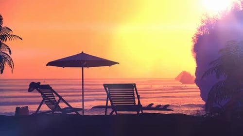 Tropischer Resortstrand bei Sonnenuntergang HD