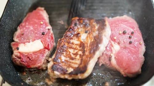 Chef Preparing and Spicing Meat Restaurant Kitchen. Fry the Meat. Fry the Meat in A Frying Pan.