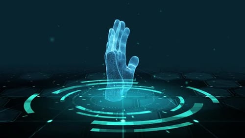 Rotating Holographic Hand with Futuristic Technology Interface