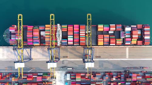 Aerial view from drone of Container , container ship in export and import business and logistics.