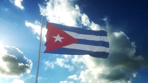 Cuban Flag Waving in Wind Against a Blue Sky