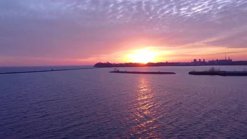 aerial peaceful sunrise over a lake