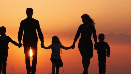 Silhouettes of Happy Family Walking Together in the Meadow During Sunset