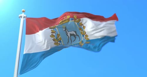Realistic Flag Waving with Coat of Arms against Blue Sky