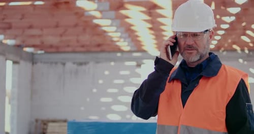 Costruction Worker Talking on Mobile at Construction Site