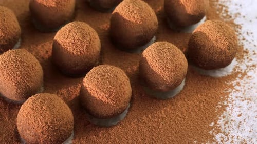 Close Up of Homemade Raw Vegan Energy Balls with Cocoa Powder Lying in a Row