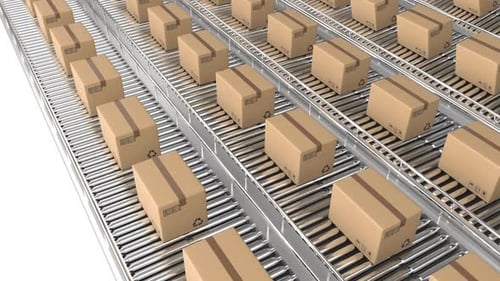 Cardboard Boxes Moving on Automated Conveyor Belts Loop
