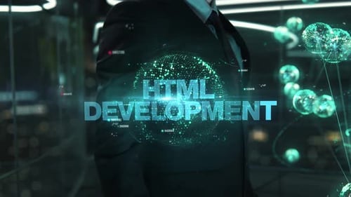 Homme d'affaires avec concept d'hologramme de développement HTML