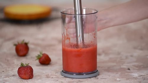 Blending Strawberries with Immersion Blender at Home