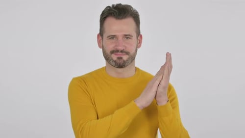 Bearded Man Clapping on White Background