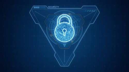 Blue Security key with triangle and circle rotation HUD technology interface abstract background