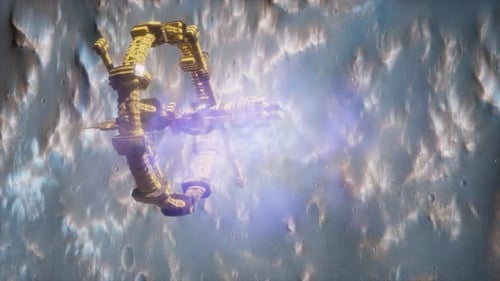 Futuristic 3D Space Station Orbiting a Cratered Moon