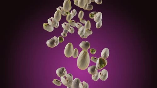 Pistachios Slowly Falling on a Purple Background