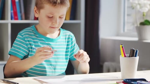 Young Boy Drawing at Desk in Bright Sunlight